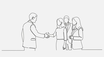 Continuous line drawing of business handshake representing partnership and teamwork agreement with