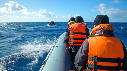 A group of people wearing orange life vests on a rubber dinghy during a perilous journey across the open ocean, facing an uncertain future