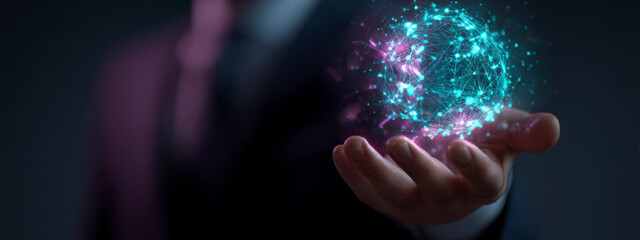 A hand holds a glowing, spherical web of connections in a digital display.