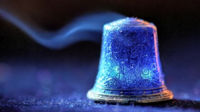 Close-up of a sparkling, blue, jeweled, thimble-shaped object with intricate details, against a dark backdrop