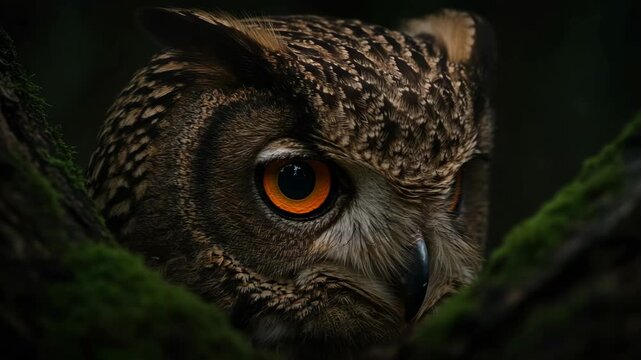 Intimate close-up view of a keen owl surrounded by dense greenery, highlighting its striking orange eyes and detailed feather patterns in a natural forest environment.