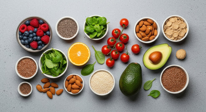 Assortment of nutrient-rich superfoods and fresh healthy ingredients for a balanced diet and clean eating, flat lay.