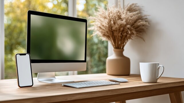 Modern workspace featuring a sleek computer monitor with blank screen, smartphone, keyboard, and coffee cup, surrounded by decorative plants and natural light, ideal for creative productivity