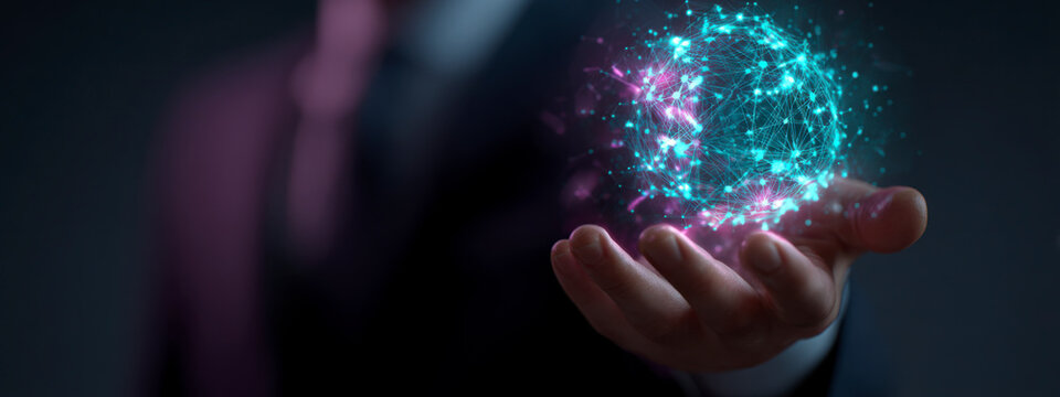 A hand holds a glowing, spherical web of connections in a digital display. - Powered by Adobe