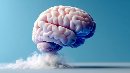 3D illustration of a human brain emerging from a cloud of mist, showcasing intricate details and textures, symbolizing creativity and cognitive processes in a surreal environment