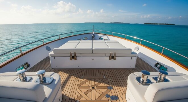 Yacht Deck Lounging Area with Teak Flooring - Luxurious yacht deck featuring a lounging area and teak flooring, embodying relaxation, adventure, craftsmanship, escape, and open seas