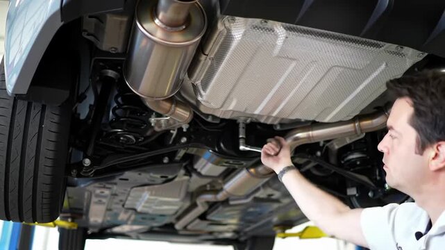 Automotive maintenance featuring exhaust system and chassis work with mechanic examining a vehicle on blue frame car lift showcasing underside car part.