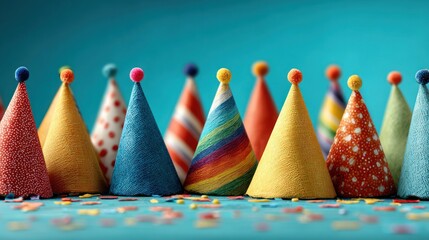 Colorful party hats arranged in a row, with confetti on a blue surface, celebration concept
