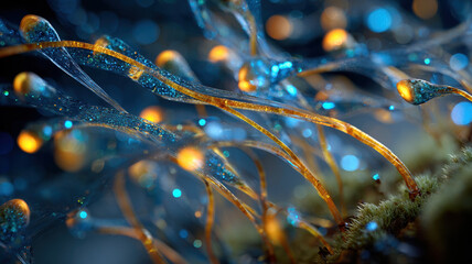 Macro Water Droplets On Translucent Organic Fibers With Blue Golden Light Bokeh Abstract Nature Photography Closeup