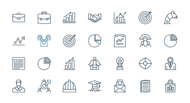 Business and finance icons set in simple blue line art style