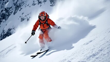 Adventurous skier carves through fresh powder snow on a steep mountain slope, creating a magnificent spray of white during a thrilling winter sports activity