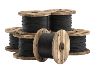 Stacked Wooden Cable Spools Electric Cable Storage, Industrial Supplies, and Power Wire Solutions