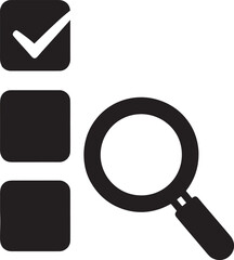 Black checklist with checkmark and magnifying glass icon on white tick square