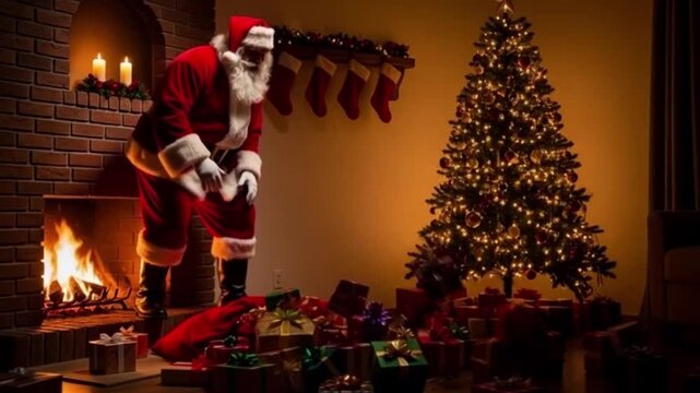 Santa Claus with Pile of Presents Next to Fireplace | Christmas Morning Scene with Santa Delivering Gifts for Holiday Marketing and Family Celebrations