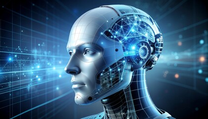 Technological Renaissance: A Futuristic depiction of a sleek robotic head, highlighting the intricate network within and the advanced computing and technological advancements 