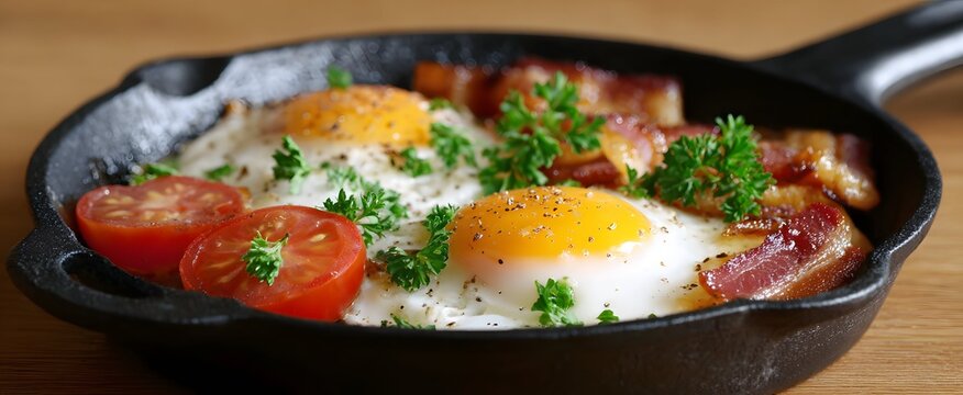 Cast iron skillet breakfast is a morning symphony sizzling with eggs and bacon. - Powered by Adobe