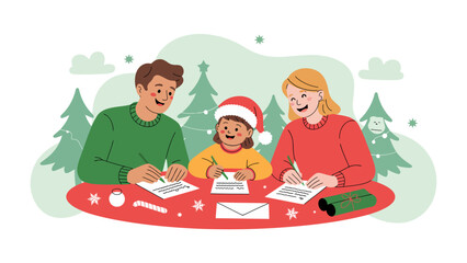 Christmas Wishes: A family seated together, sharing an intimate moment, each penning their thoughts on paper. This image captures the essence of closeness and the spirit of the season.