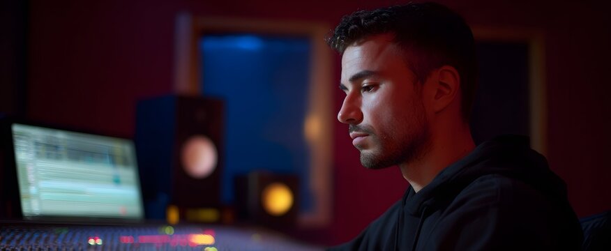 Music producer deeply lost in emotion while mixing tracks in dim recording studio