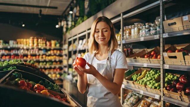 Young woman in a grocery store selecting a fresh red tomato from a produce display