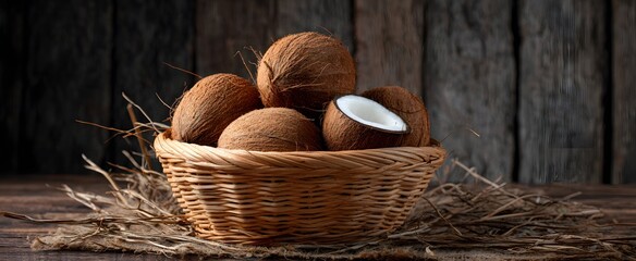 Opened coconuts resting in a rustic woven basket with vibrant tropical theme colors