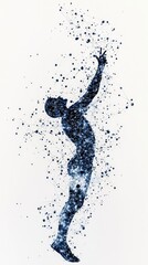 Fototapeta premium A dark silhouette of a person is depicted with their arm raised, composed of a network of glowing blue dots and lines.