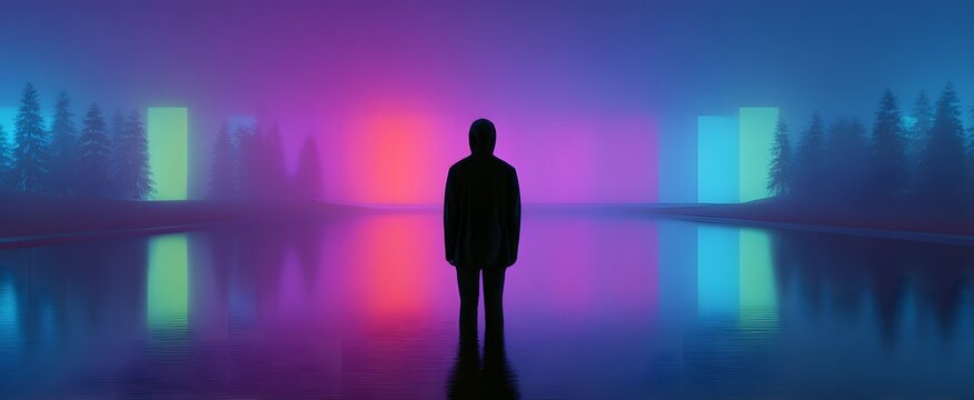 A figure embraces serene calmness glowing with vibrant neon light warmth.