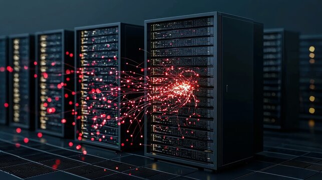 Rows of server racks in a data center with red light trails emanating from one rack and connecting to others, symbolizing data flow and network activity.