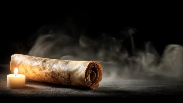 Glowing candle beside an ancient rolled scroll on a wooden surface with a wispy, ethereal background