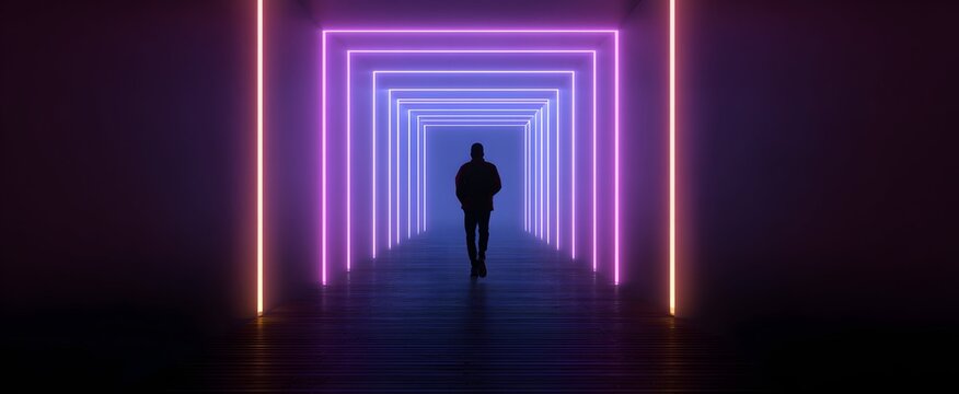 Athlete moves with fierce determination through a glowing neon corridor at night