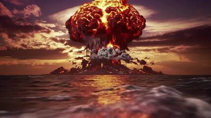 Mushroom cloud explosion over the ocean at sunset. Dark orange sky reflects on the water, symbolizing a destructive end and impending doom.