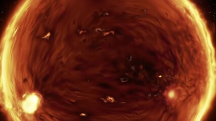 A vibrant orange planet with a fiery surface, glowing edges and volcanic activity set against a starry black background in deep space. - Powered by Adobe
