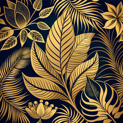 Golden tropical floral leaf pattern seamless design