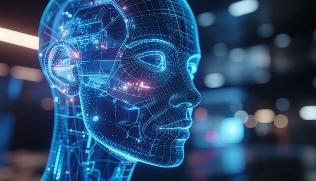 Digital human: A close-up profile of a futuristic digital human, radiating with electric energy, embodies the cutting edge of technological innovation and artificial intelligence.