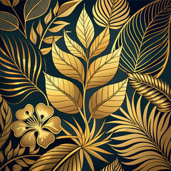 Golden tropical floral leaf pattern design
