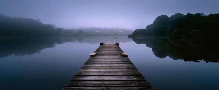 Silent sunrise flows over a misty wooden dock by the tranquil lake.