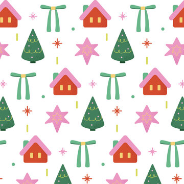 Christmas Pattern with House, Christmas Tree, Ribbon and Star