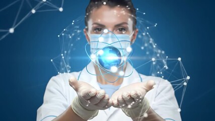 A female doctor wearing a mask holds a glowing orb surrounded by an abstract network, symbolizing global medical technology and health solutions on a blue background. - Powered by Adobe