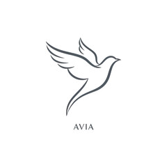 Obraz premium Elegant outline of a flying dove with outstretched wings and the word AVIA below on a black background symbolizing peace and freedom