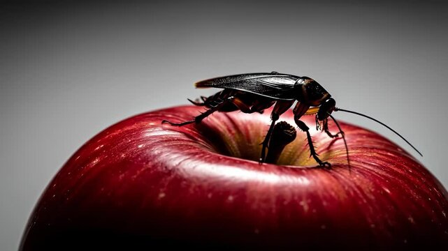 Cockroach on Apple - A Close-Up of an Unwanted Guest.