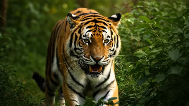 A striking tiger moves stealthily through dense jungle foliage, showcasing its powerful form and captivating orange and black stripes in natural wildlife habitat.