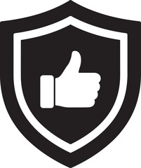 Black shield with white thumbs up icon on white background like approval