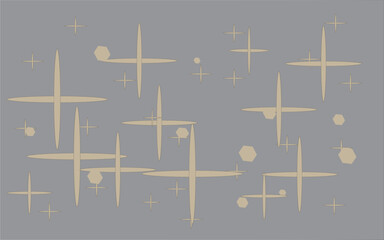 Abstract golden starbursts and circles on a muted gray background pattern