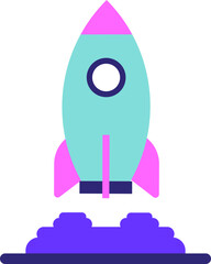 Simplified rocket launching with vibrant colors against a stark backdrop
