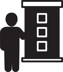 Black silhouette of a person standing next to a display with three square woman figures