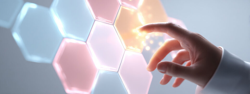 Hand interacts with illuminated honeycomb pattern, symbolizing connectivity.