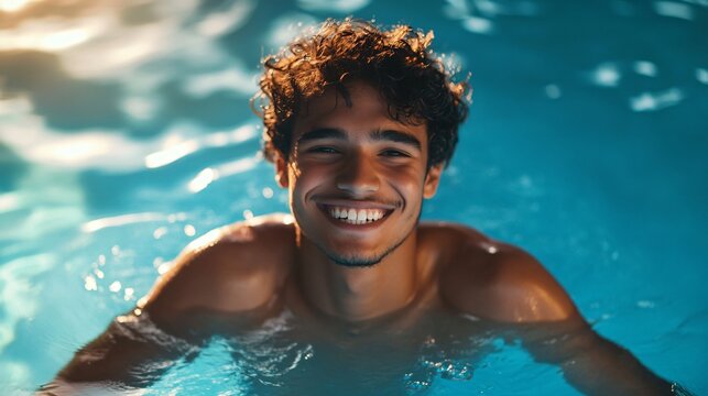 Cheerful young male enjoying poolside leisure