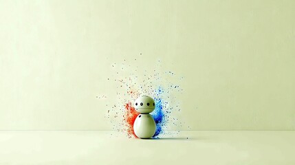 A small, white, rounded robot stands against a plain wall, with a vibrant explosion of red and blue powder emanating from its sides.