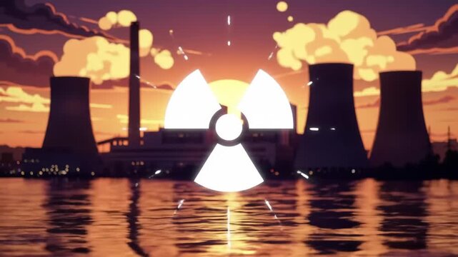 Illustration of an industrial plant with silos reflecting on water at sunset and a hazard sign in the foreground representing nuclear waste.