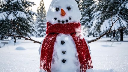 Snowman with a red scarf in a winter wonderland, cheerful vibes in a snowy landscape, festive holiday scene amidst frosty trees