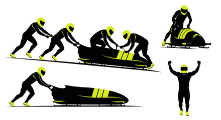 Dynamic bobsleigh team pushing for victory, celebrating success in sleek modern design, perfect for sports marketing and motivational content